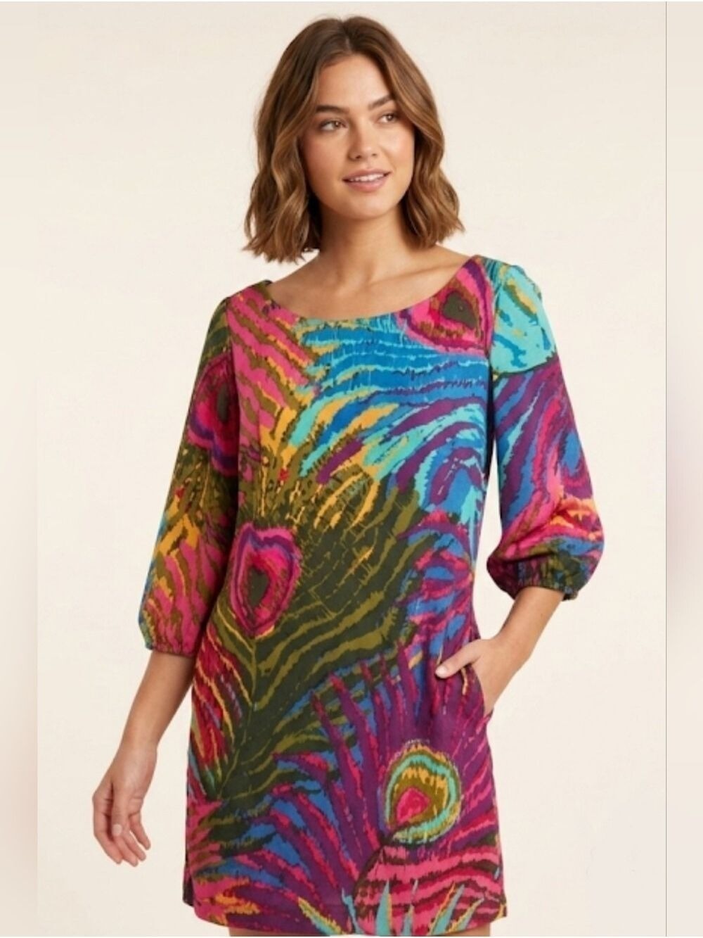 🇺🇸 Trina Turk Dress Womens 2 Multi Color Long Sleeve Silk Blend Peacock Casual